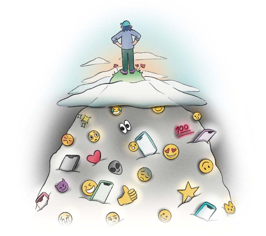 Illustration of a person standing on a grassy mountain top, above the clouds. Below the clouds the mountain is made up of emojis and smartphones.