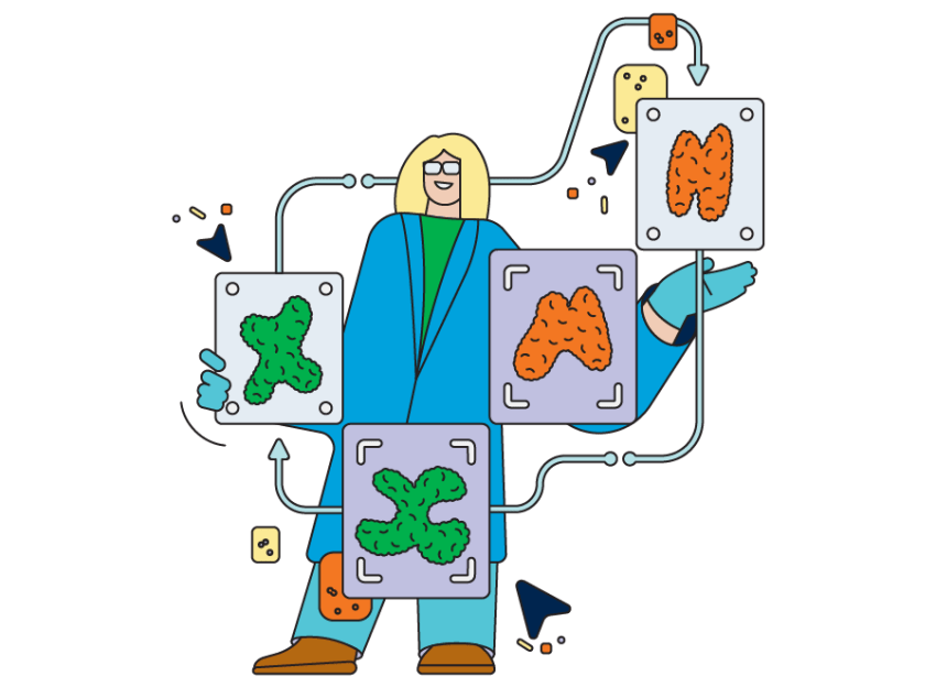 A colorful, flat illustration of a woman with blond hair and glasses holding four screens with two proteins in different positions.