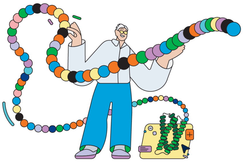 A colorful, flat illustration of a man with white hair wearing glasses and casual clothing holding a long, colorful chain of connected spheres of amino acids that lead to a coiled protein structure.