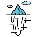 Illustration of an iceberg: short on the surface, and going deep below the surface.